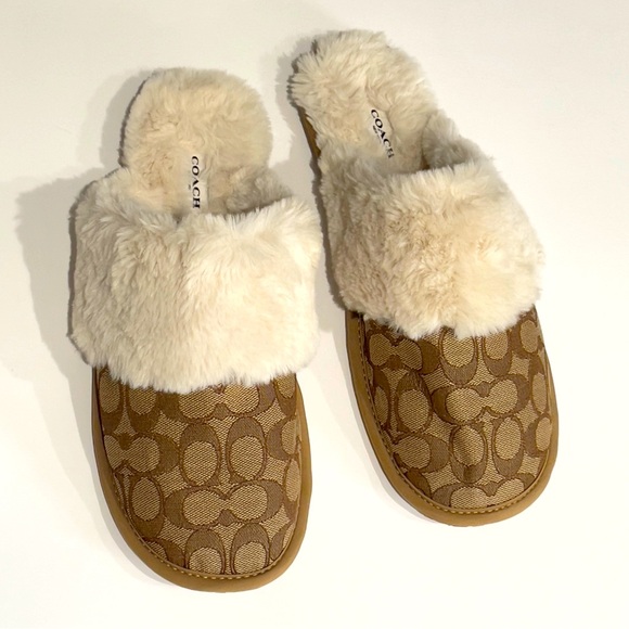 NEW Coach Ziva Signature Jacquard Khaki Faux Fur Slippers 11B - Picture 1 of 9